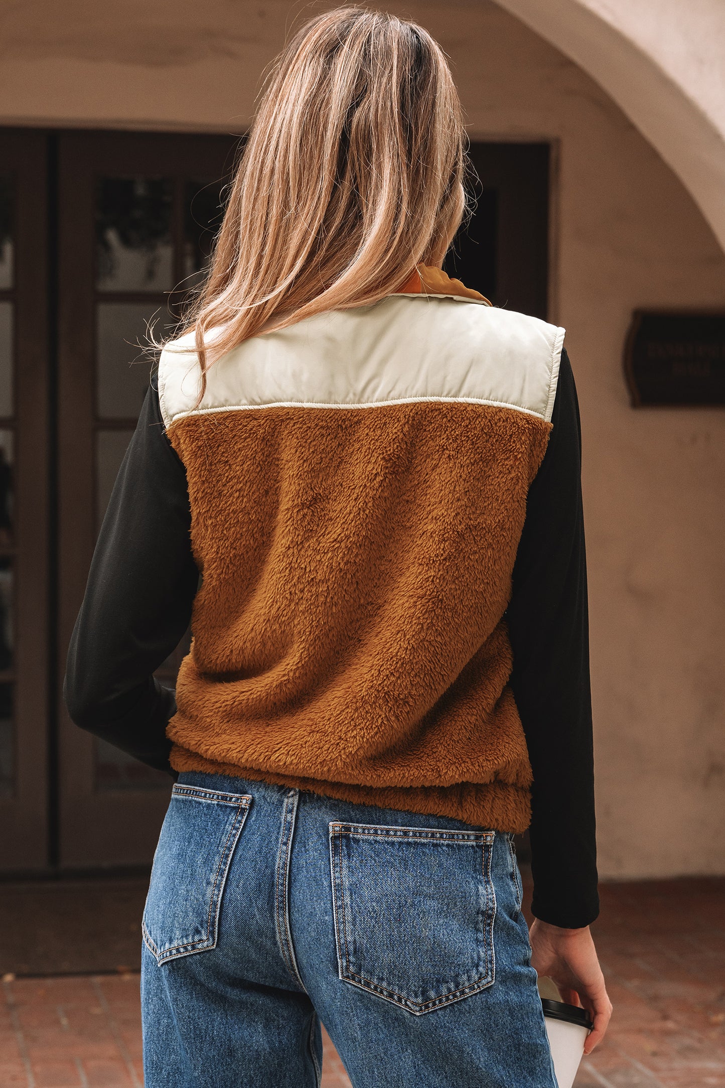 Chestnut Color Block Plush Patchwork Zipper Stand Neck Vest