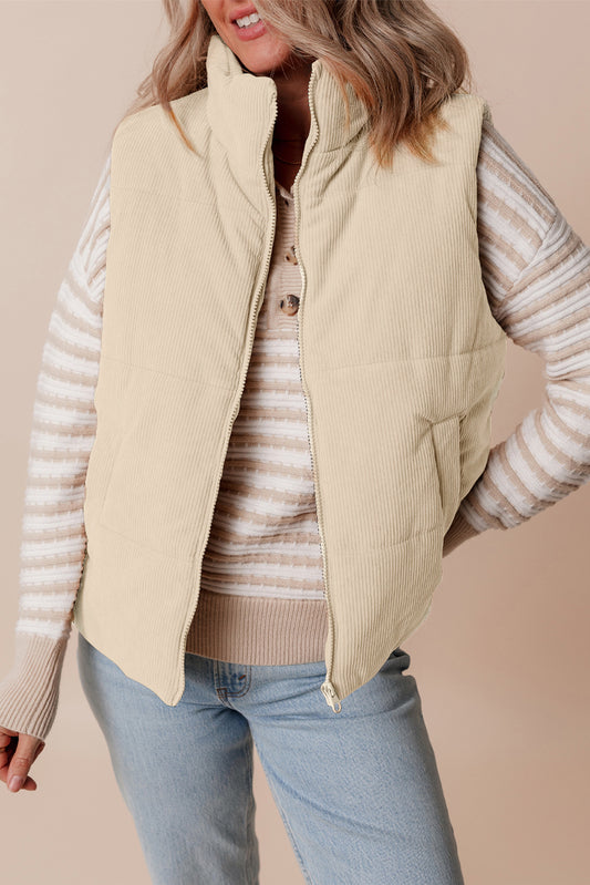 Beige Corduroy Stand Neck Zipped Puffer Vest